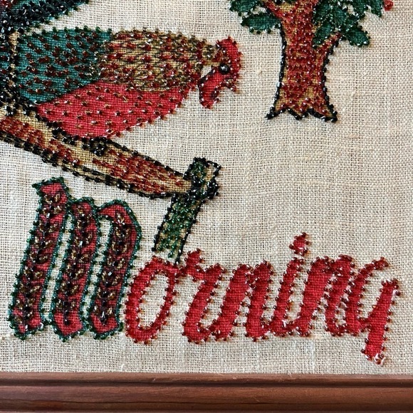 VTG Rooster Liquid Embroidery Woven Linen Pen Art w/Beaded Embellishment - Picture 6 of 12